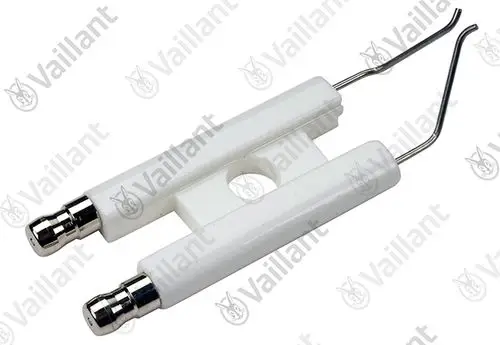 Vaillant Elektrode für Zündung, bestehend aus zwei Metallenden und einem weißen Kunststoffkörper mit Halterung.